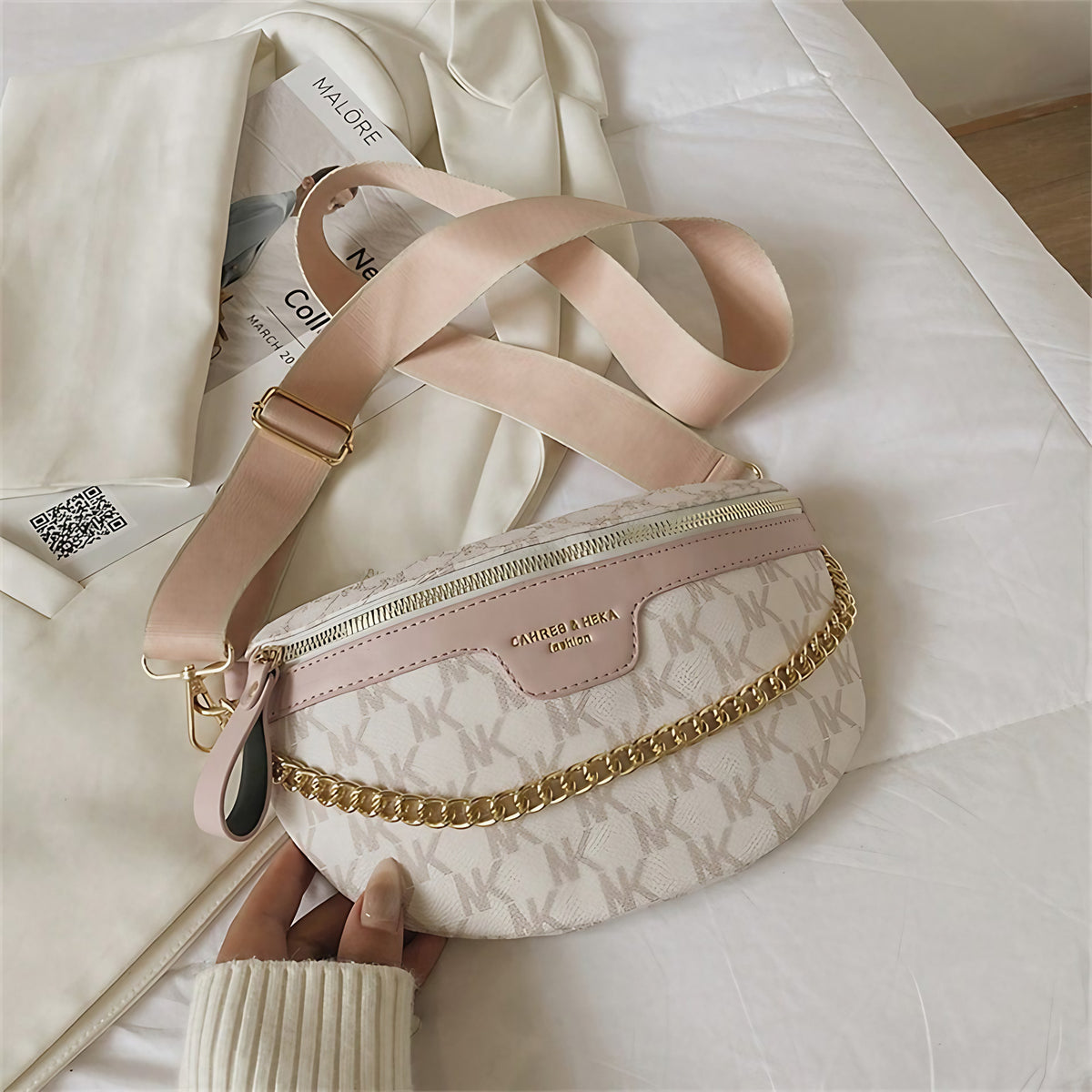 Sac banane femme en similicuir, sangle réglable, cinq coloris, blanc et rose