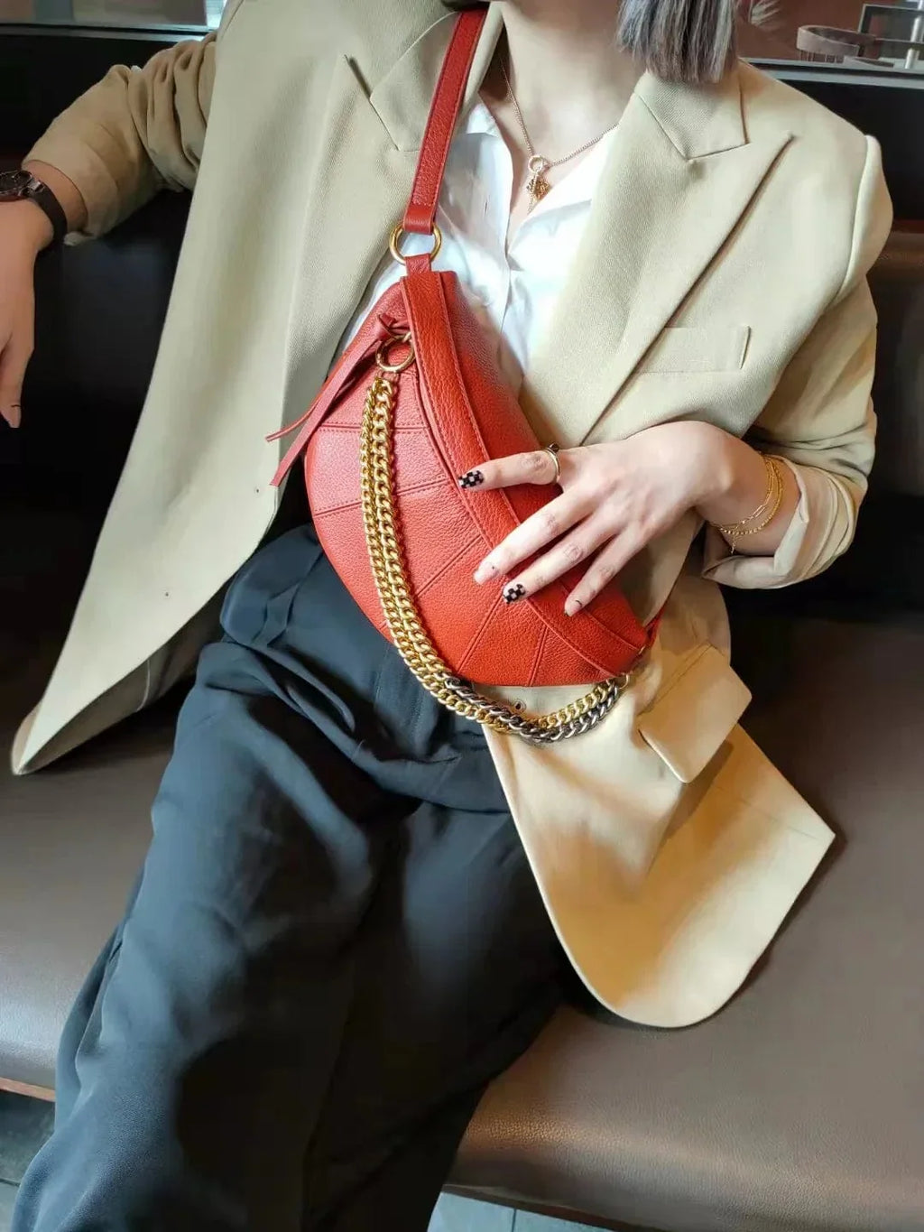 Sac banane femme en cuir à chaîne dorée, quatre coloris