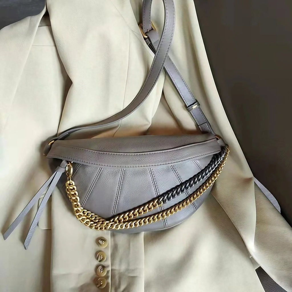 Sac banane femme en cuir à chaîne dorée, quatre coloris, gris