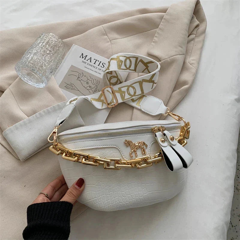 Sac banane femme à chaîne dorée en similicuir, six coloris, blanc