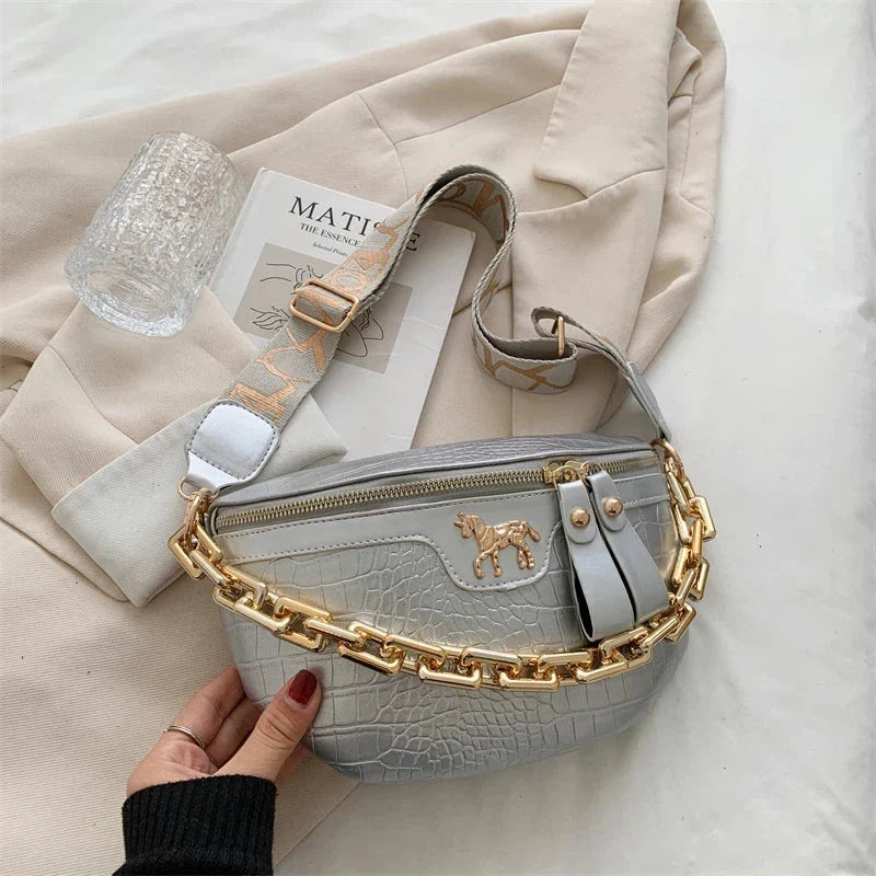 Sac banane femme à chaîne dorée en similicuir, six coloris, argenté