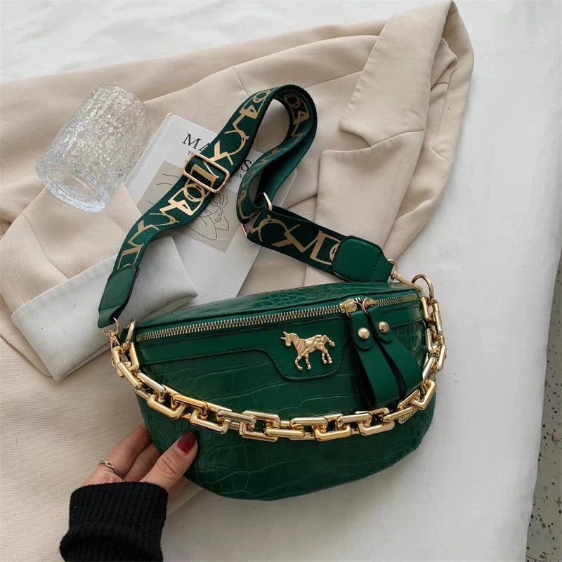 Sac banane femme à chaîne dorée en similicuir, six coloris, vert