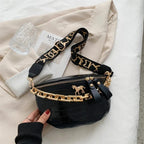 Sac banane femme à chaîne dorée en similicuir, six coloris, noir