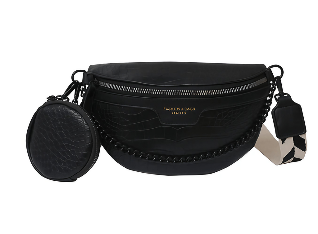 Sac banane femme en similicuir végan, porte-monnaie intégré, noir