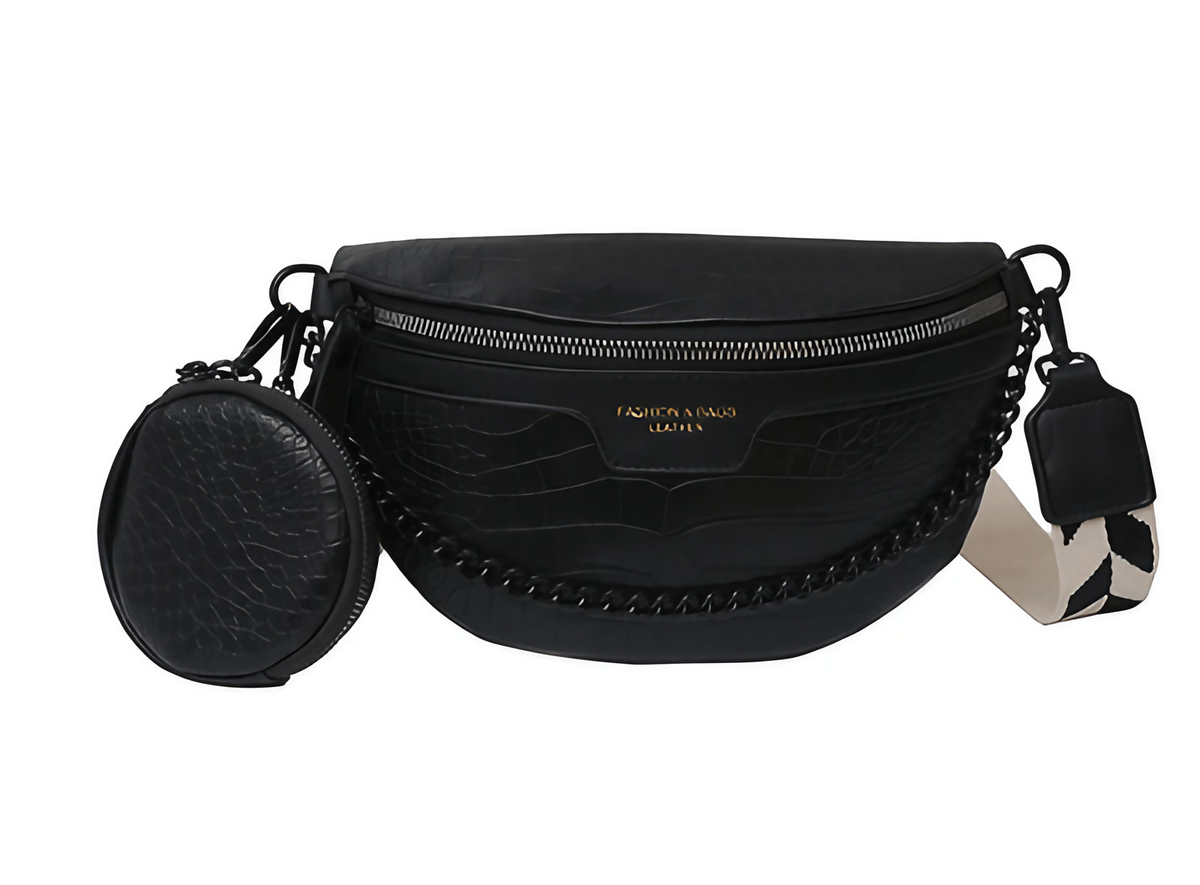 Sac banane femme en similicuir végan, porte-monnaie intégré, noir
