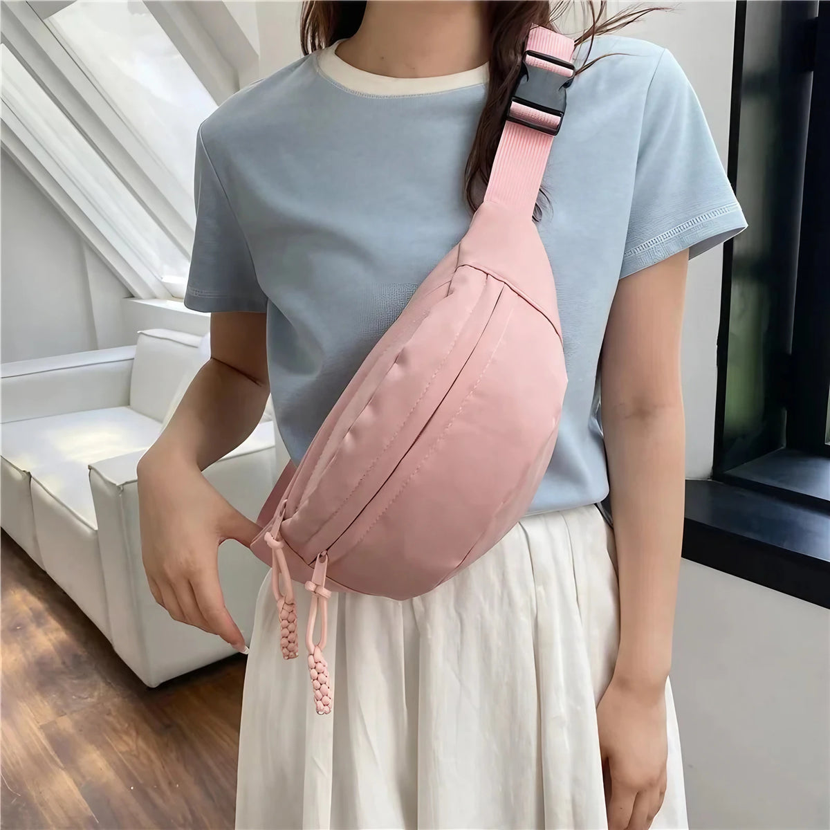 Sac banane femme en toile de nylon, deux poches zippées