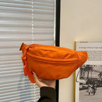 Sac banane femme en toile de nylon, deux poches zippées, orange