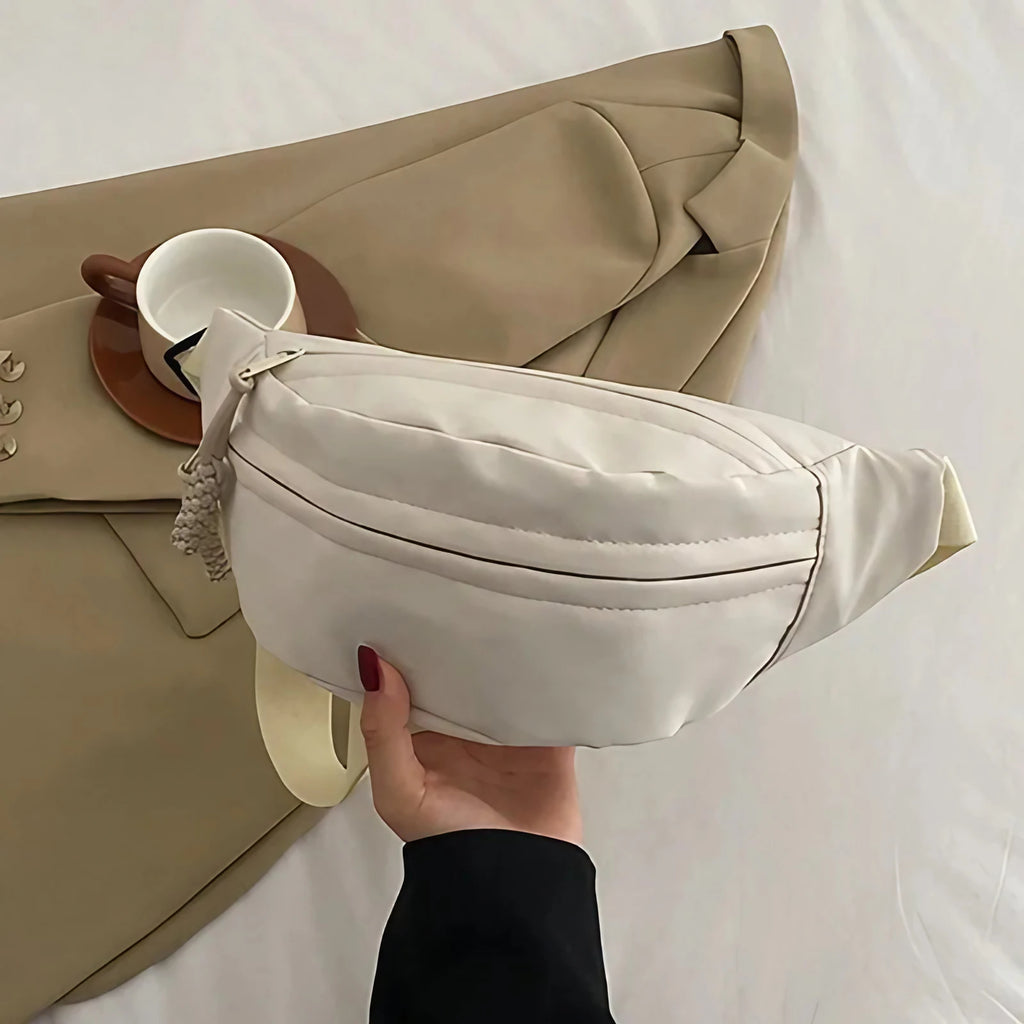 Sac banane femme en toile de nylon, deux poches zippées, blanc
