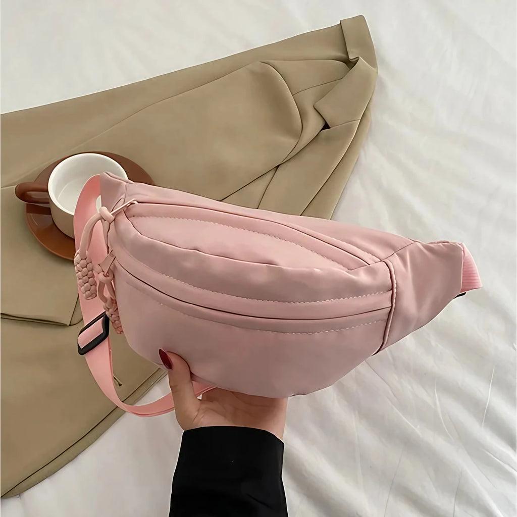 Sac banane femme en toile de nylon, deux poches zippées, rose