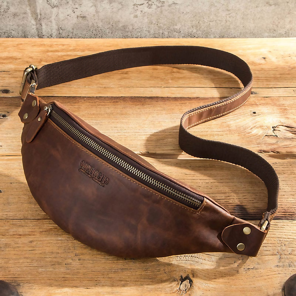 Banane homme en cuir 31 cm, sangle jusqu'à 125 cm, café