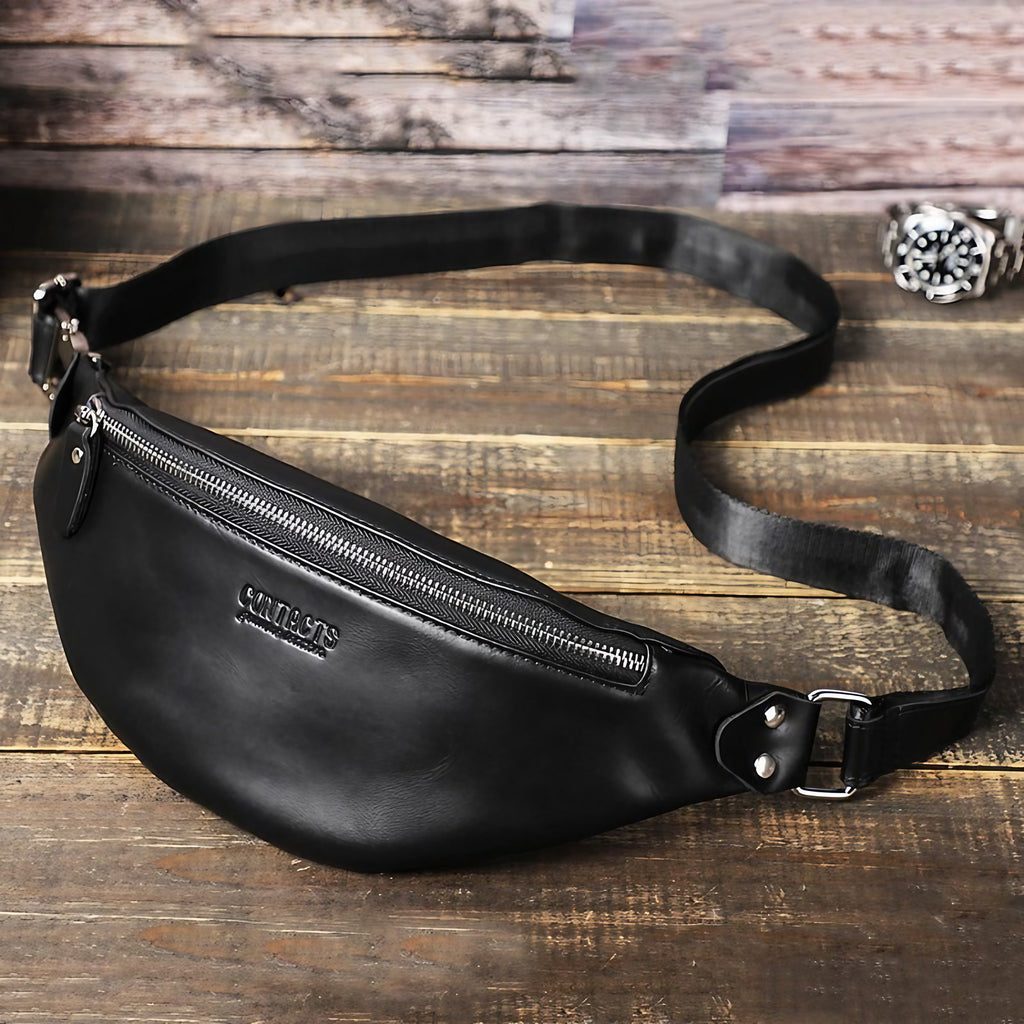 Banane homme en cuir 31 cm, sangle jusqu'à 125 cm, noir