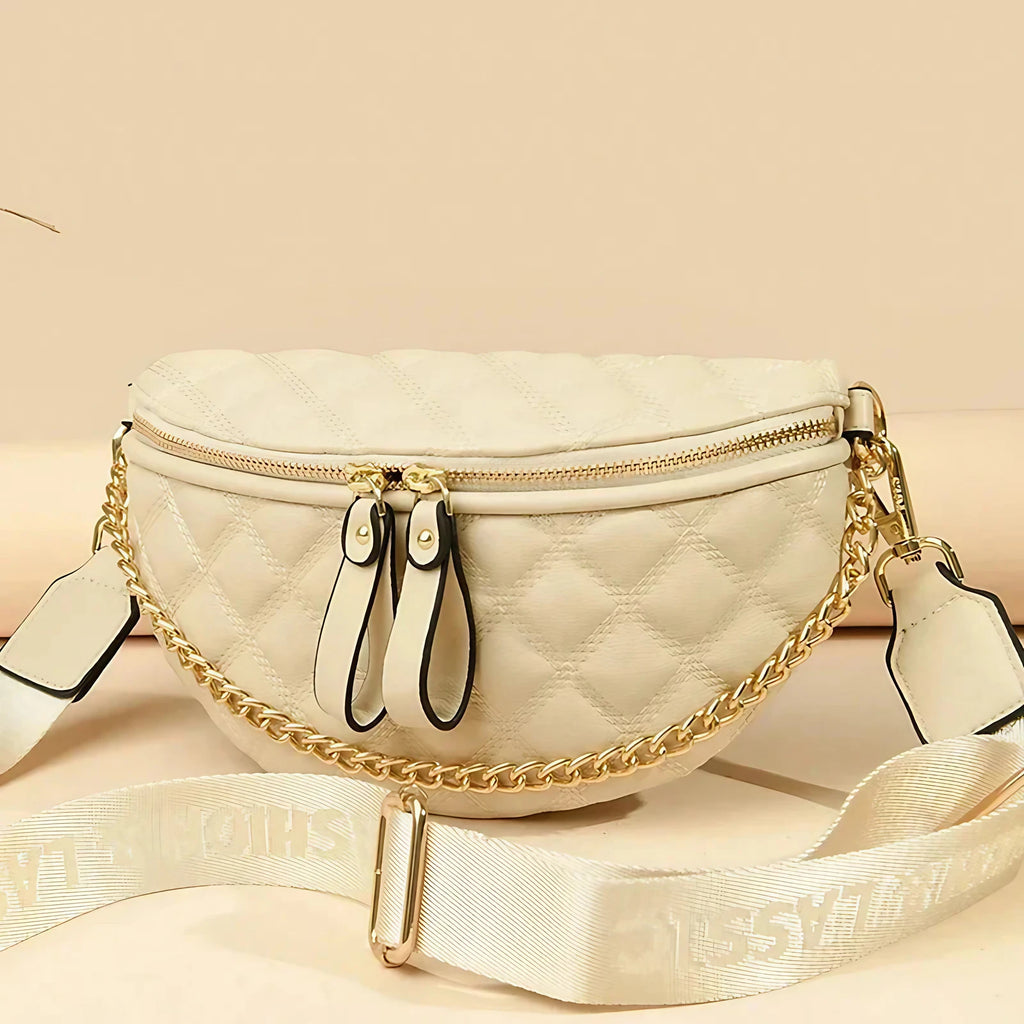 Sac banane matelassé femme à chaîne, similicuir, beige ou noir, beige