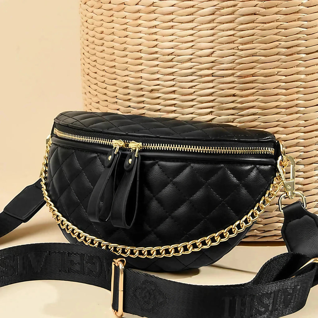 Sac banane matelassé femme à chaîne, similicuir, beige ou noir, noir