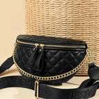 Sac banane matelassé femme à chaîne, similicuir, beige ou noir, noir