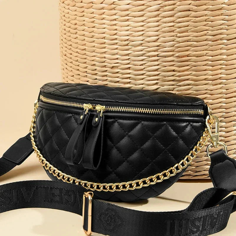 Sac banane matelassé femme à chaîne, similicuir, beige ou noir, noir
