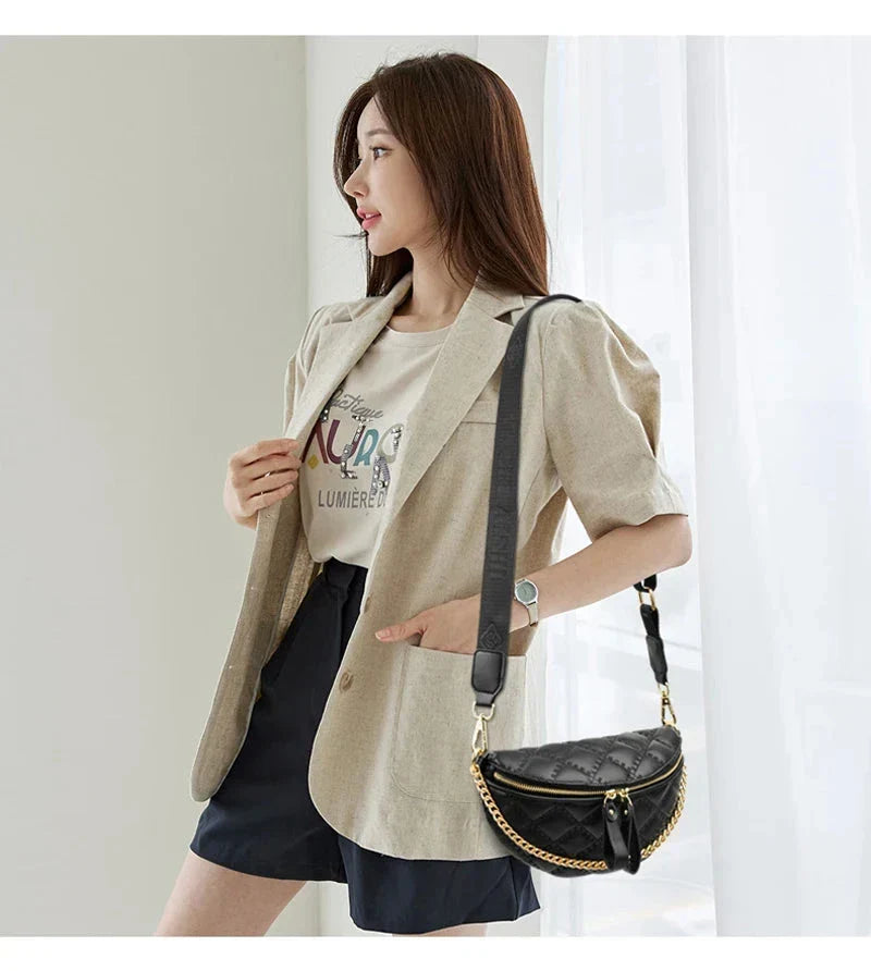 Sac banane matelassé femme à chaîne, similicuir, beige ou noir