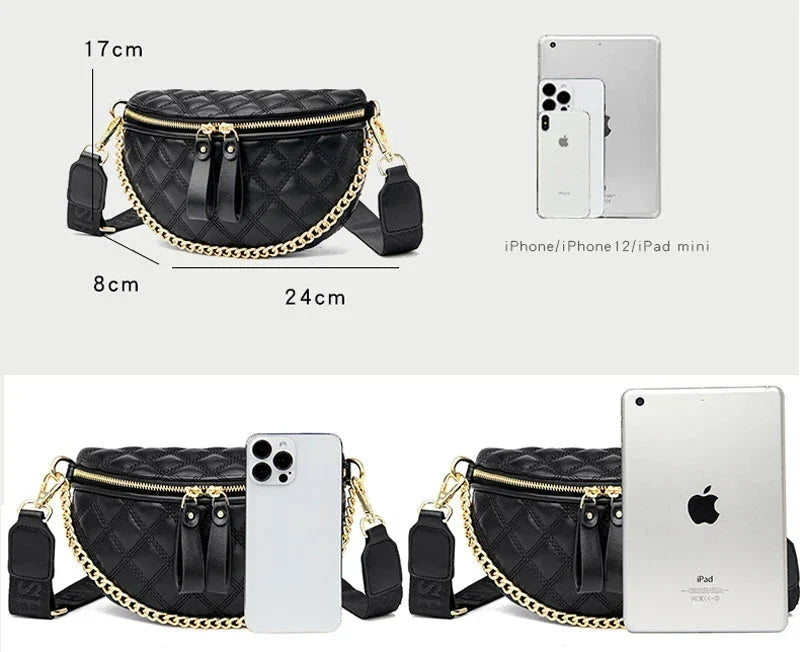 Sac banane matelassé femme à chaîne, similicuir, beige ou noir
