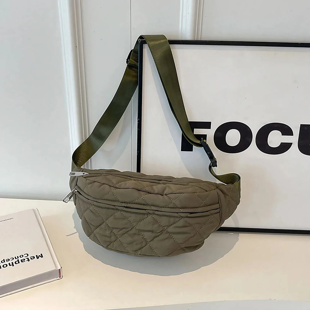Sac banane femme matelassé en nylon, trois poches zippées, vert
