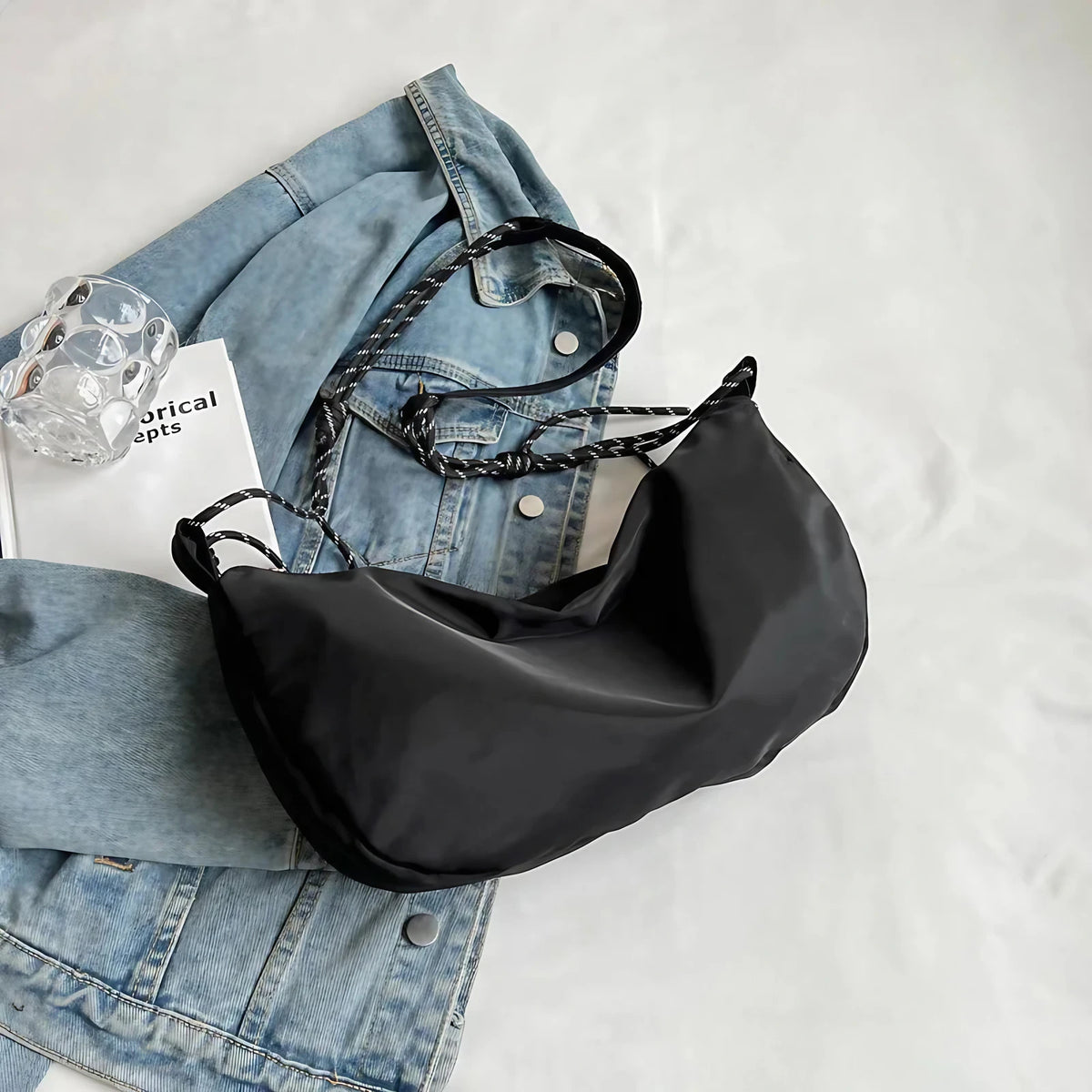 Sac banane femme en toile à sangles en corde, quatre coloris, noir