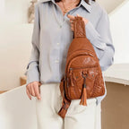 Sac banane rétro femme en similicuir, camel, rouge ou noir