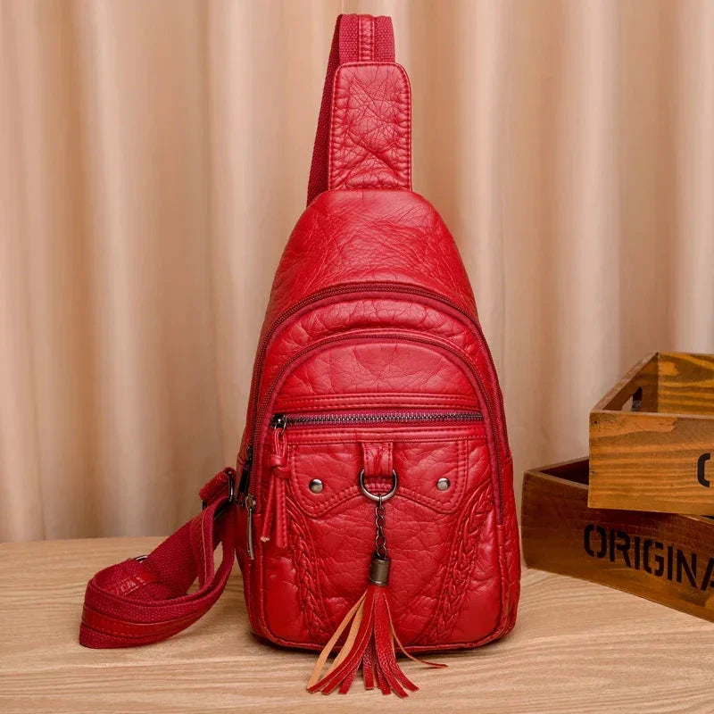 Sac banane rétro femme en similicuir, camel, rouge ou noir