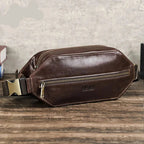 Sac banane homme vintage en cuir, forme coussin, 33 cm, café