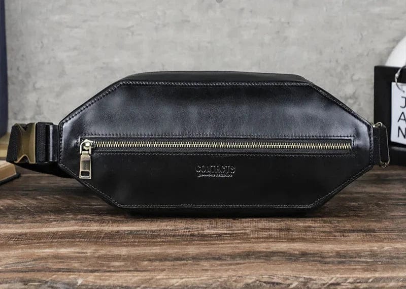 Sac banane homme vintage en cuir, forme coussin, 33 cm, noir