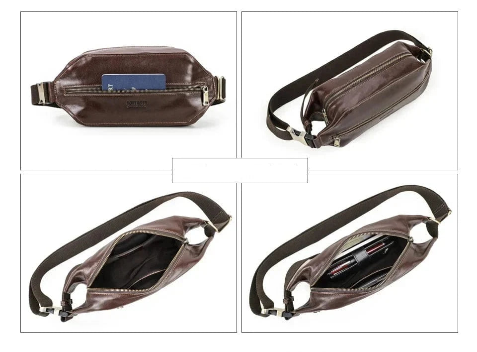Sac banane homme vintage en cuir, forme coussin, 33 cm