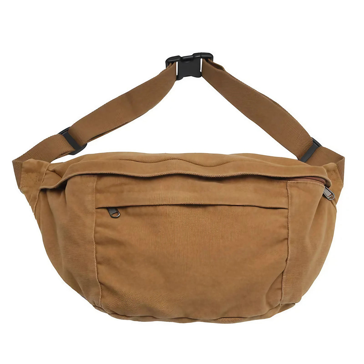Grand sac banane femme 41 x 19 cm, trois poches zippées, marron clair