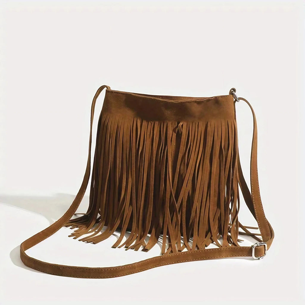 Sac besace femme à franges en suédine camel, style bohème, camel