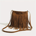 Sac besace femme à franges en suédine camel, style bohème, camel