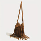 Sac besace femme à franges en suédine camel, style bohème