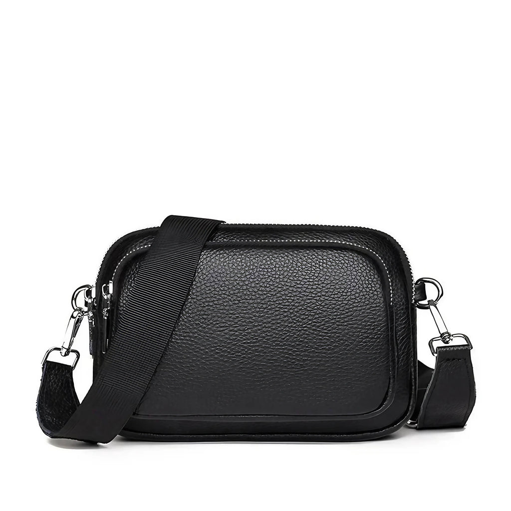 Petit sac carré bandoulière femme en cuir grainé, noir