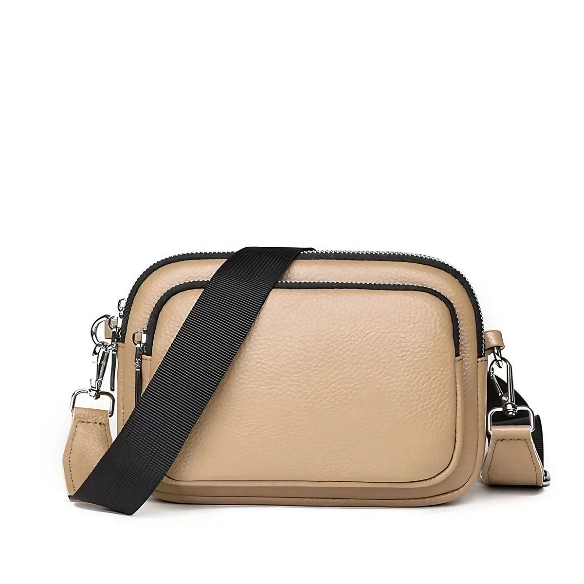 Petit sac carré bandoulière femme en cuir grainé, beige