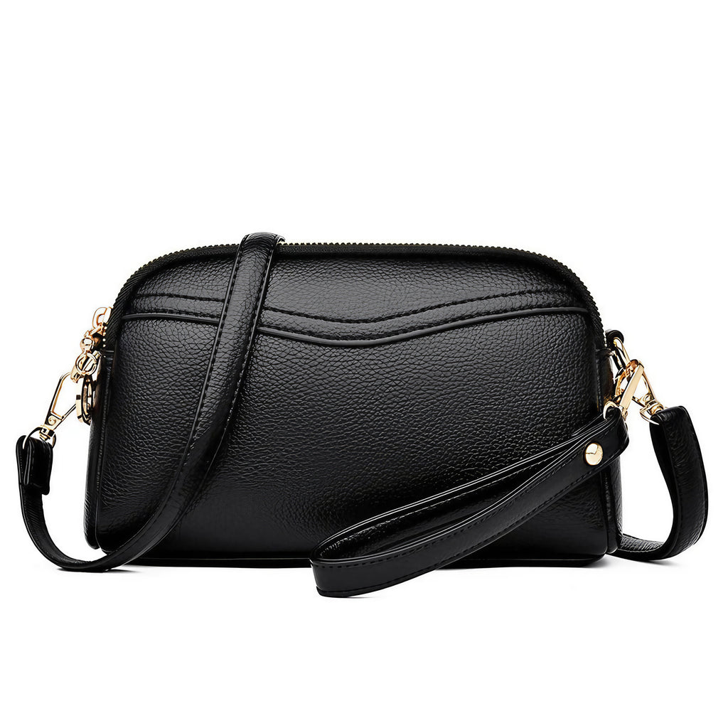 Petit sac carré femme noir mat, deux compartiments zippés, noir