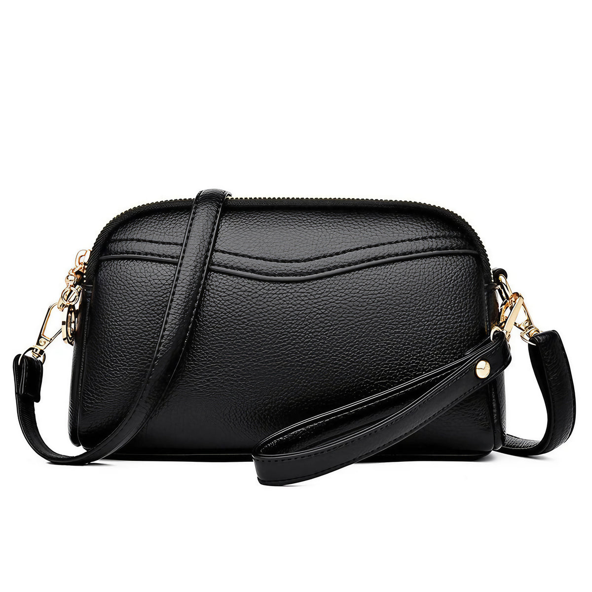 Petit sac carré femme noir mat, deux compartiments zippés, noir