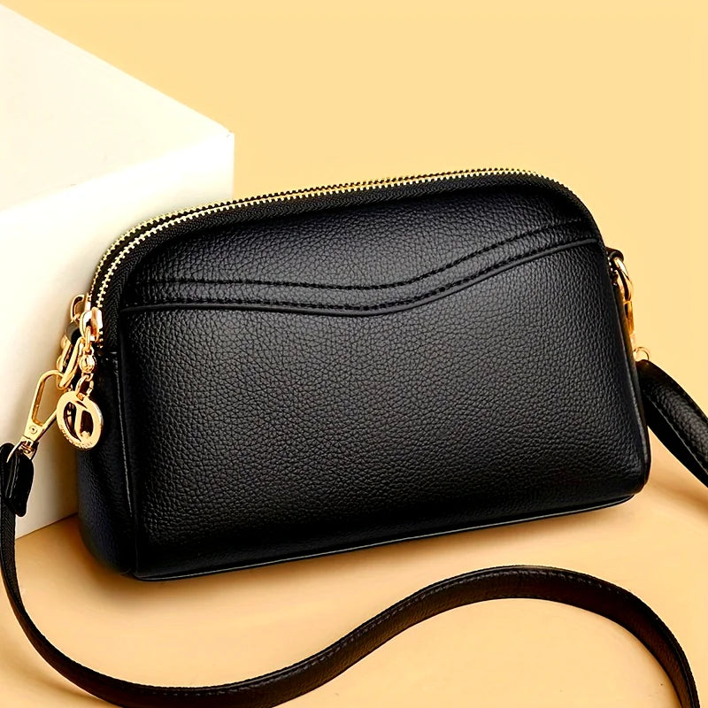 Petit sac carré femme noir mat, deux compartiments zippés