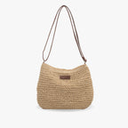 Sac bandoulière femme en paille tressée et similicuir, beige