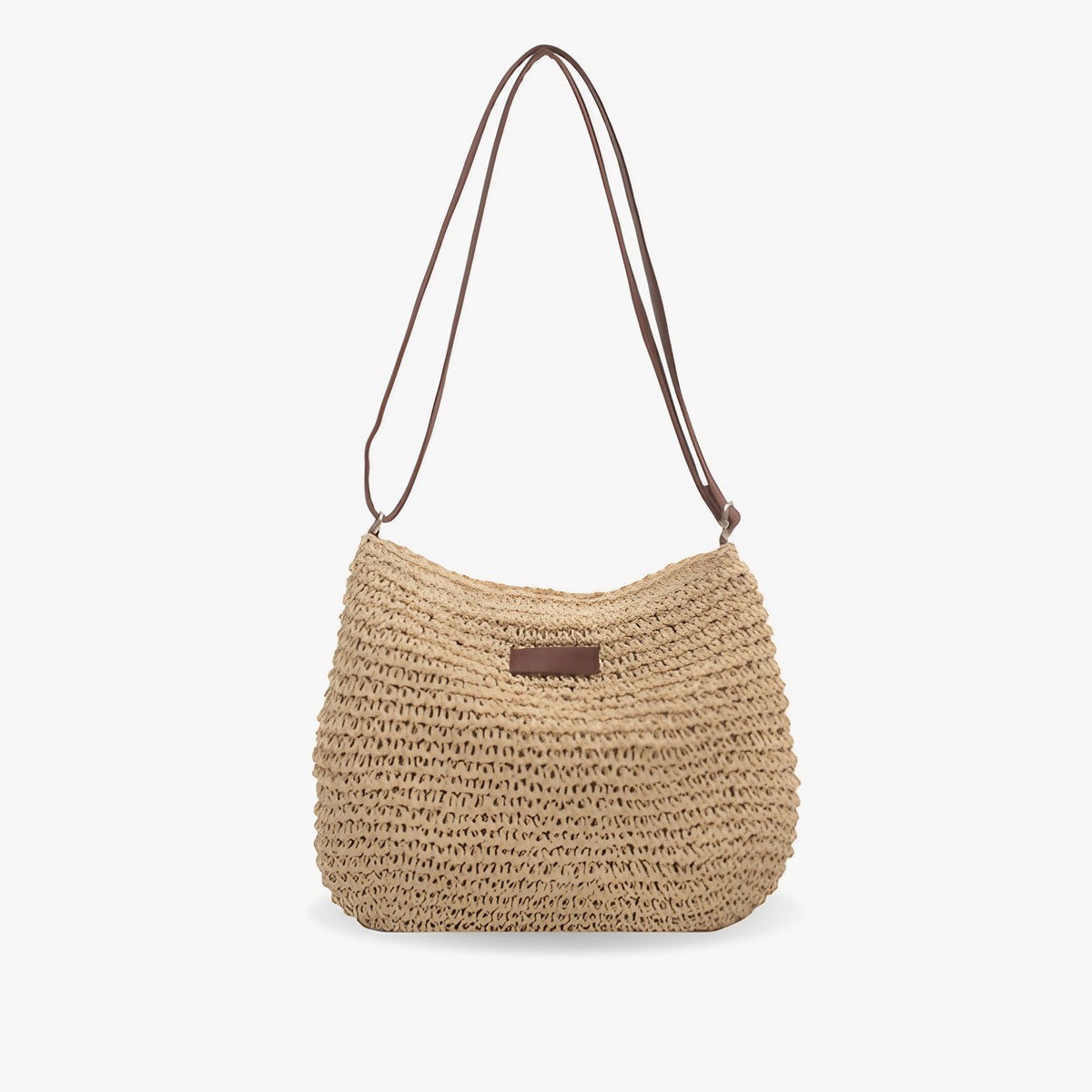 Sac bandoulière femme en paille tressée et similicuir, beige