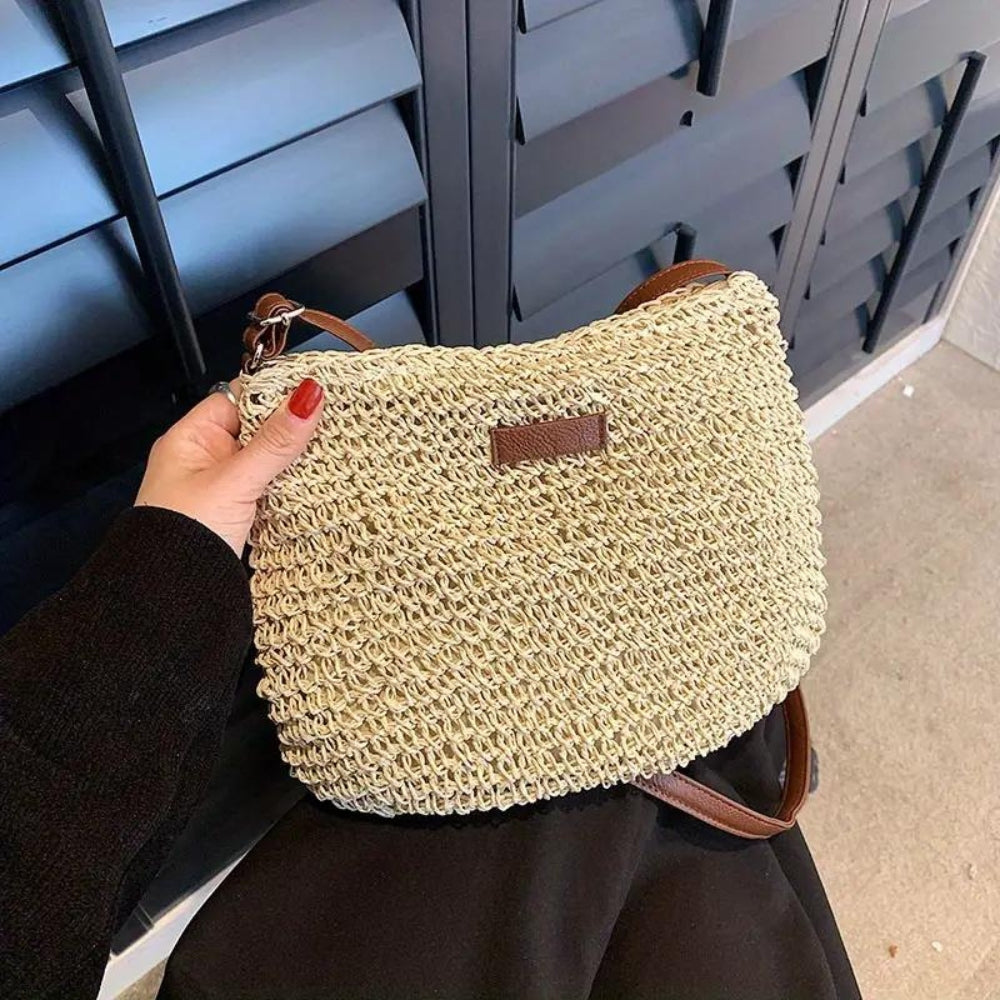 Sac bandoulière femme en paille tressée et similicuir