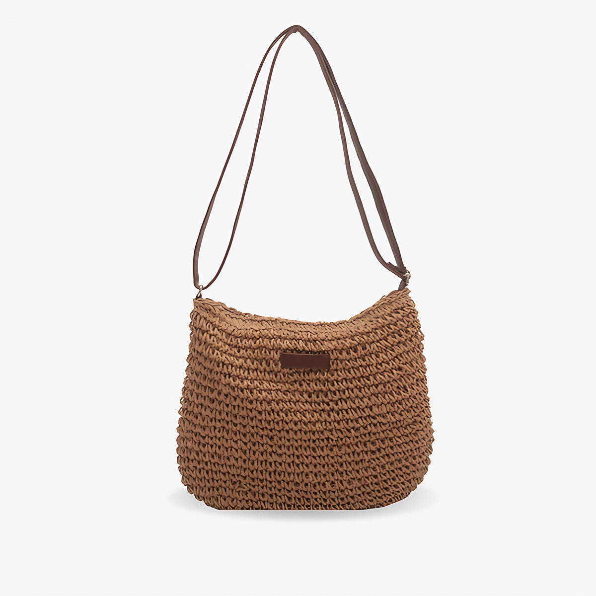 Sac bandoulière femme en paille tressée et similicuir, marron