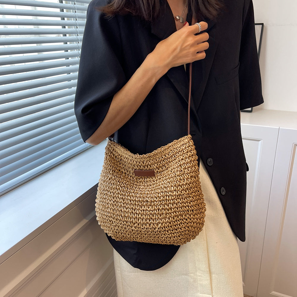 Sac bandoulière femme en paille tressée et similicuir
