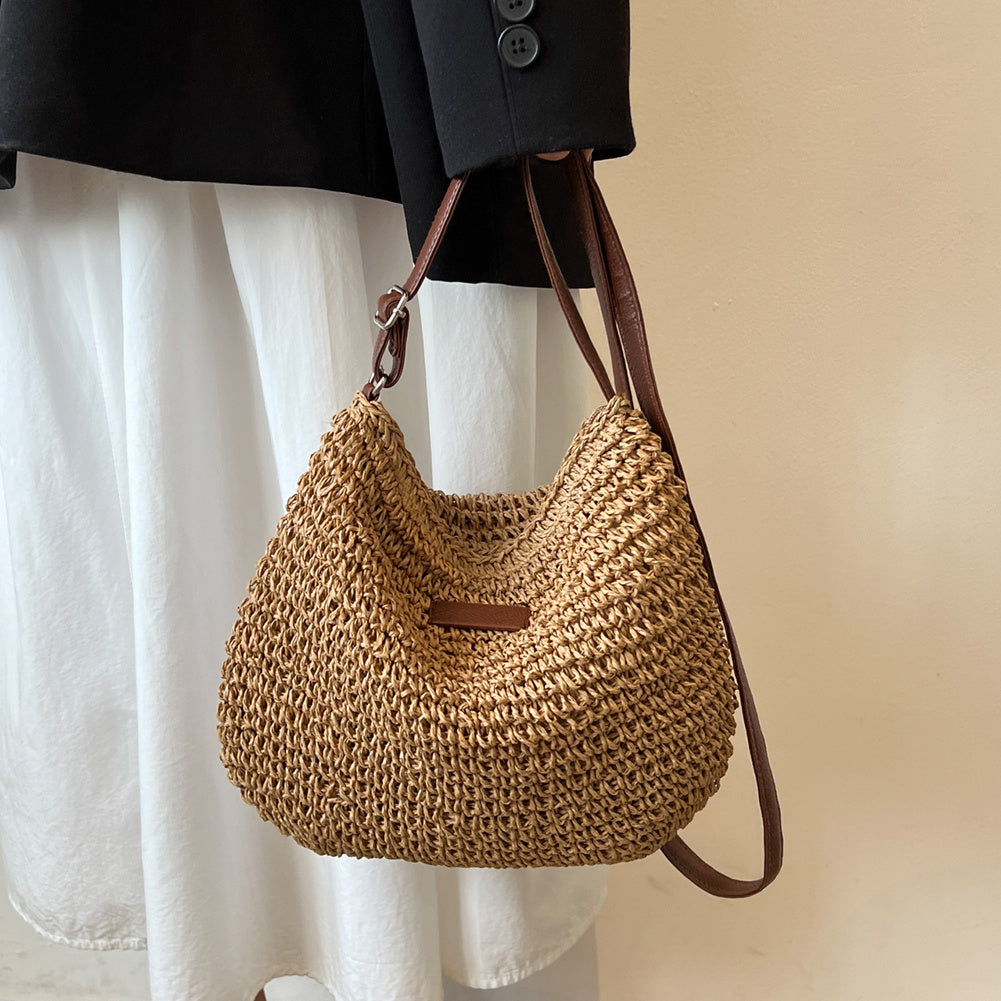 Sac bandoulière femme en paille tressée et similicuir