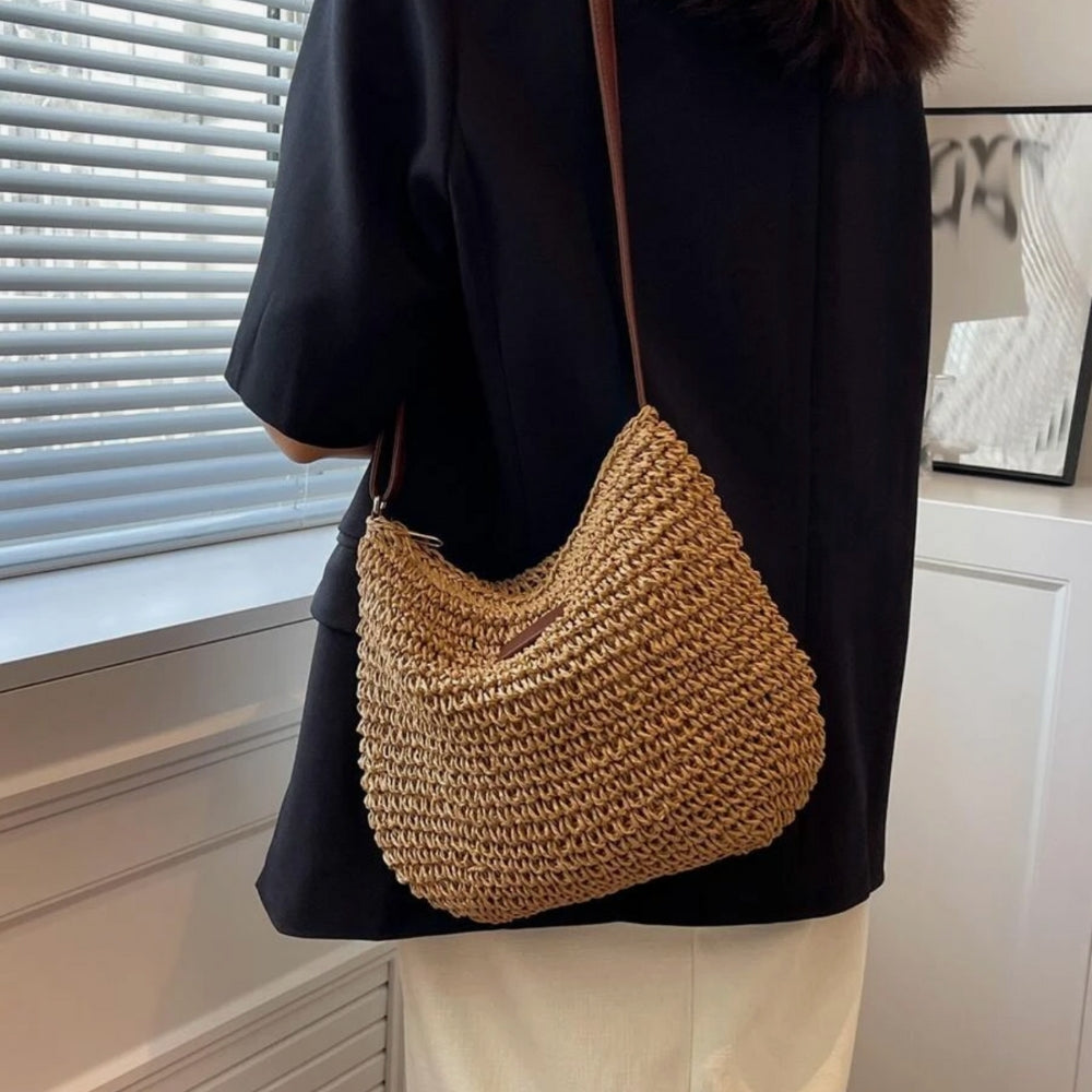 Sac bandoulière femme en paille tressée et similicuir
