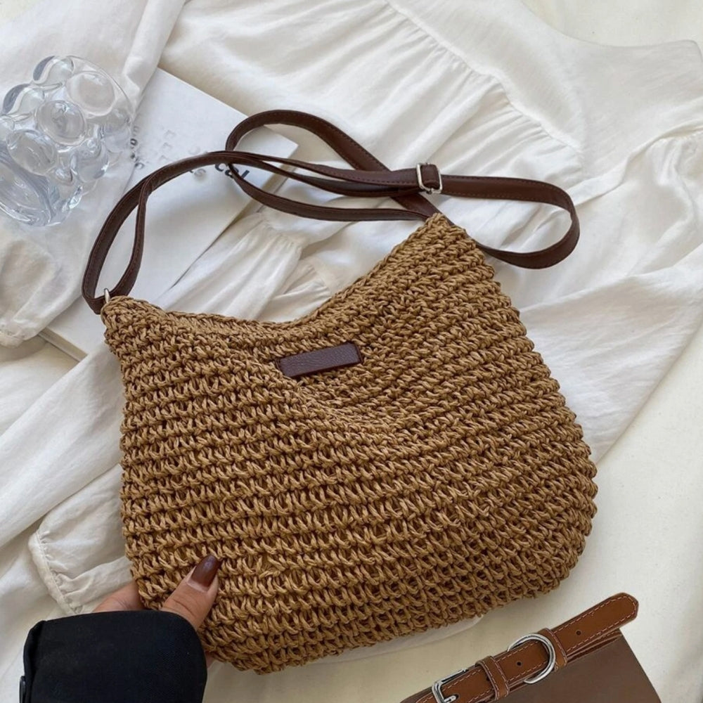 Sac bandoulière femme en paille tressée et similicuir