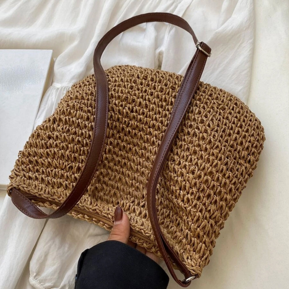 Sac bandoulière femme en paille tressée et similicuir