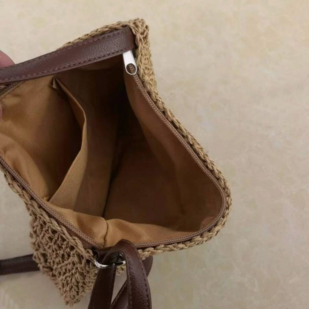 Sac bandoulière femme en paille tressée et similicuir