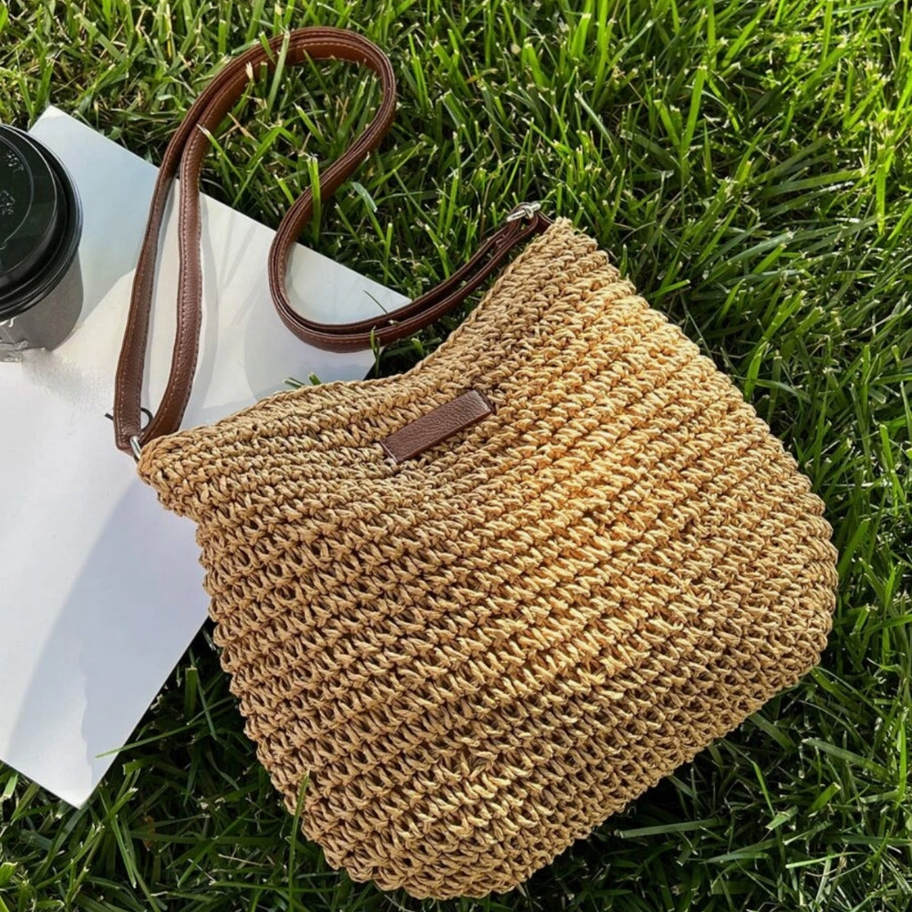 Sac bandoulière femme en paille tressée et similicuir