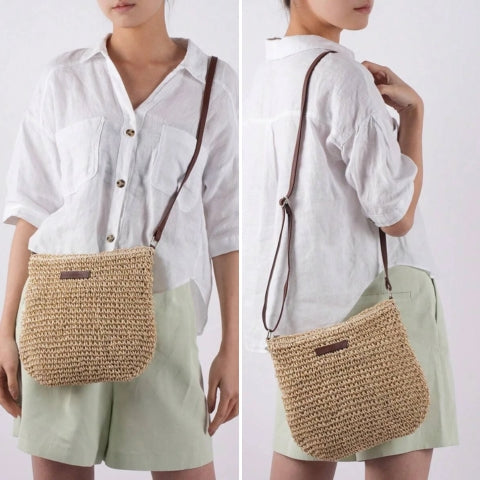 Sac bandoulière femme en paille tressée et similicuir