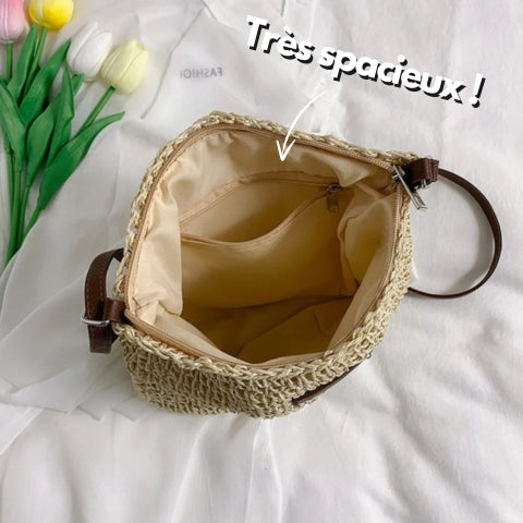 Sac bandoulière femme en paille tressée et similicuir